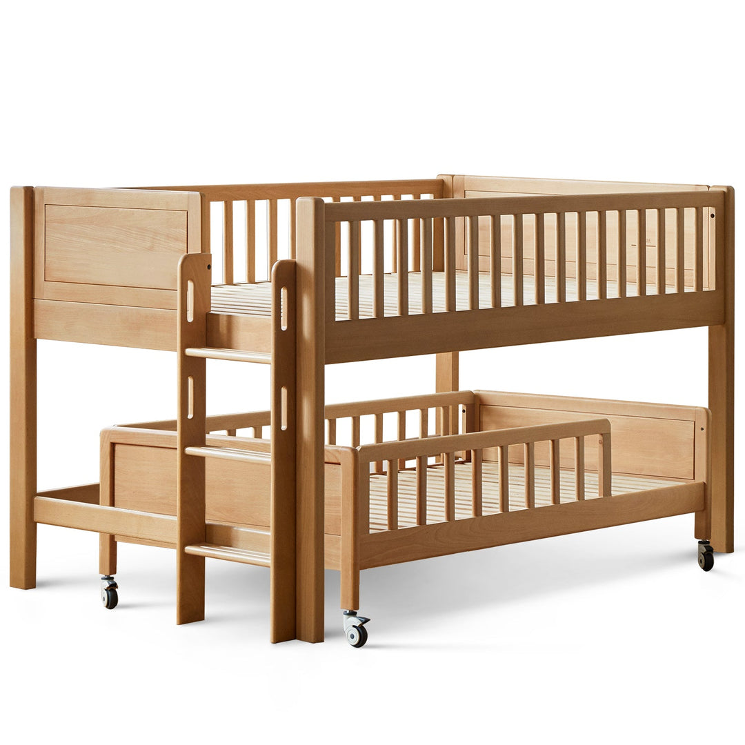 Scandinavian beech wood kids bunk bed with trundle cubble in white background.