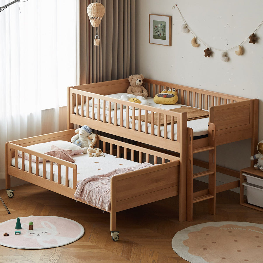 Scandinavian beech wood kids bunk bed with trundle cubble primary product view.