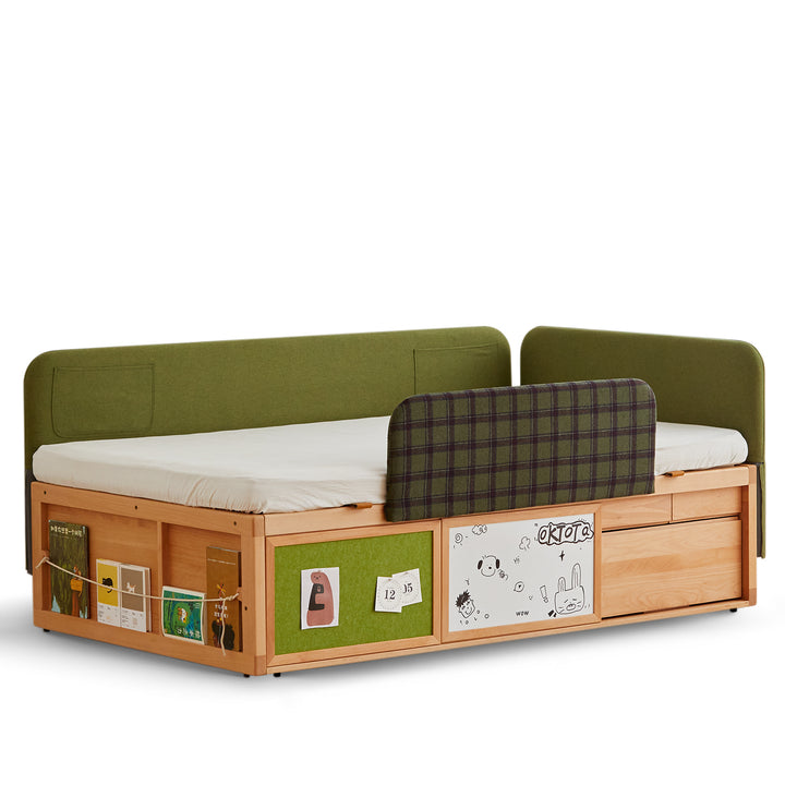 Scandinavian beech wood kids storage bed barra in white background.