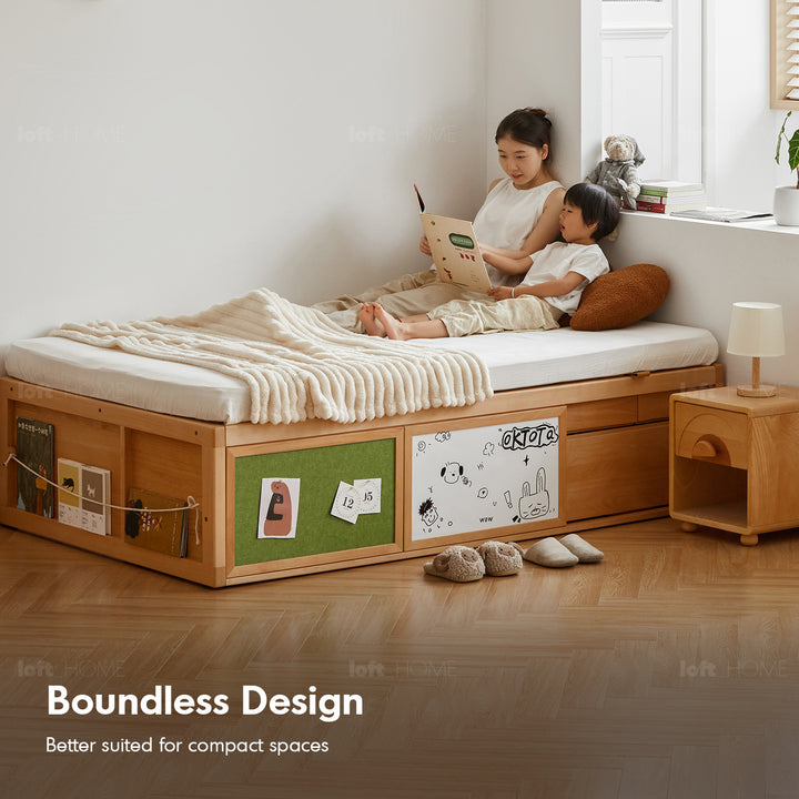 Scandinavian beech wood kids storage bed barra with context.