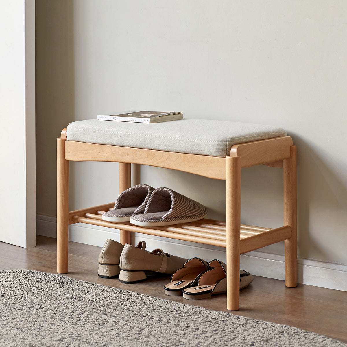 Scandinavian beech wood mixed weave fabric bench step primary product view.