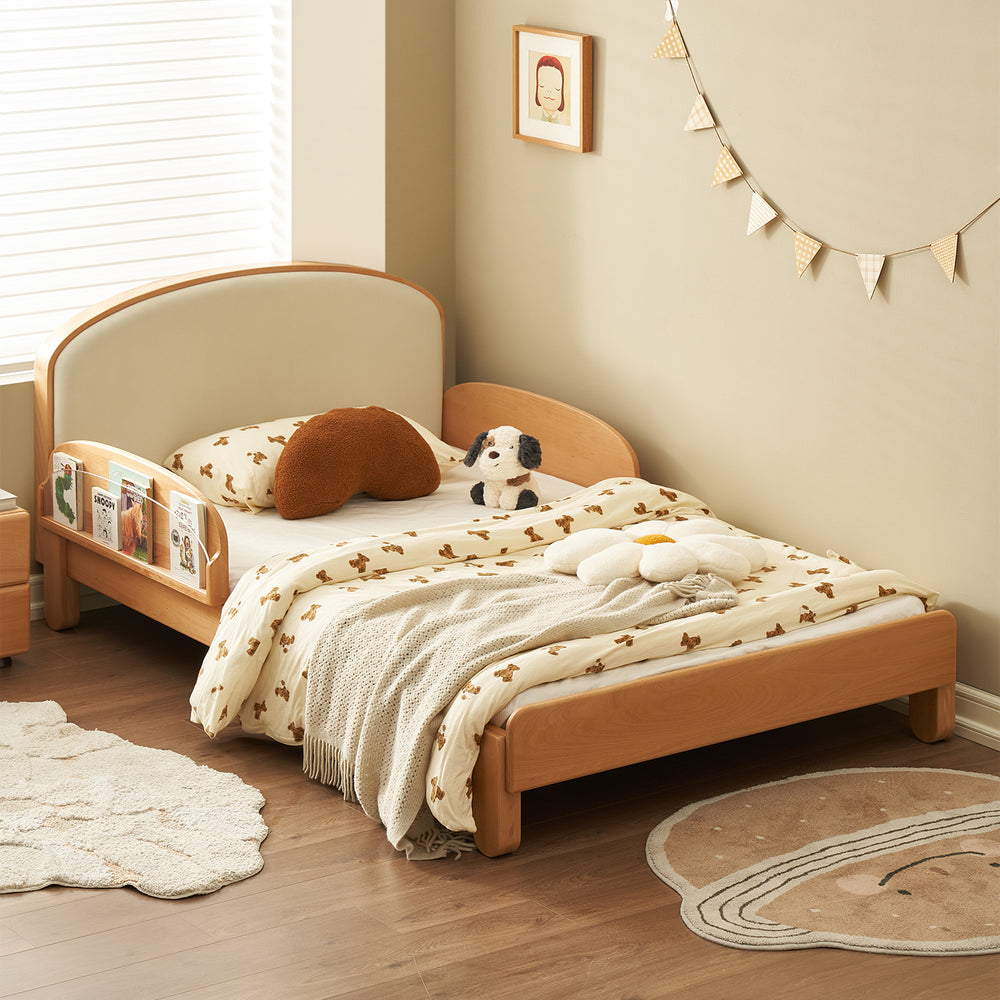 Scandinavian beech wood scratch resistant fabric kids bed nestle primary product view.