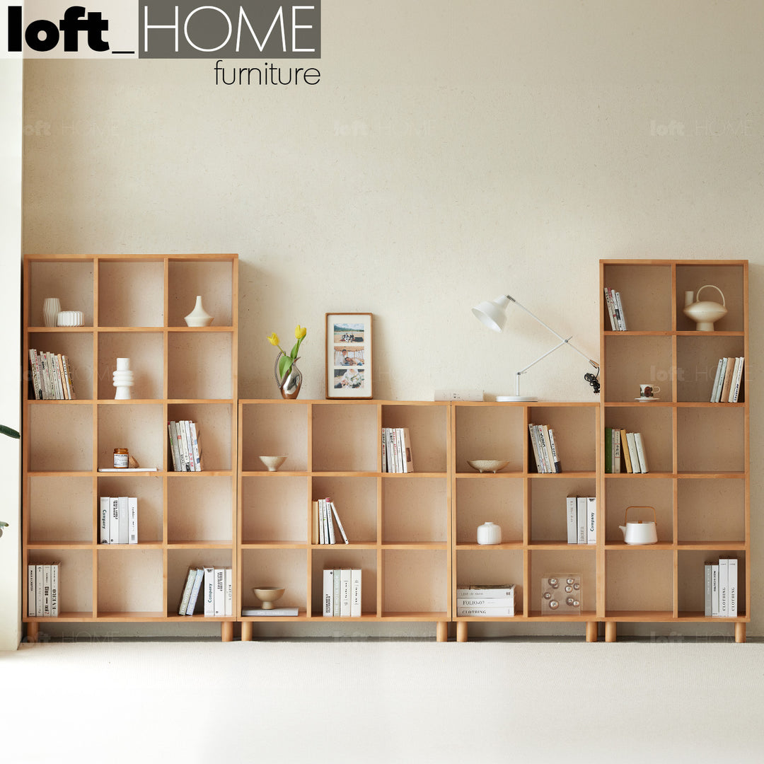 Scandinavian beech wood shelf bookshelf mural primary product view.