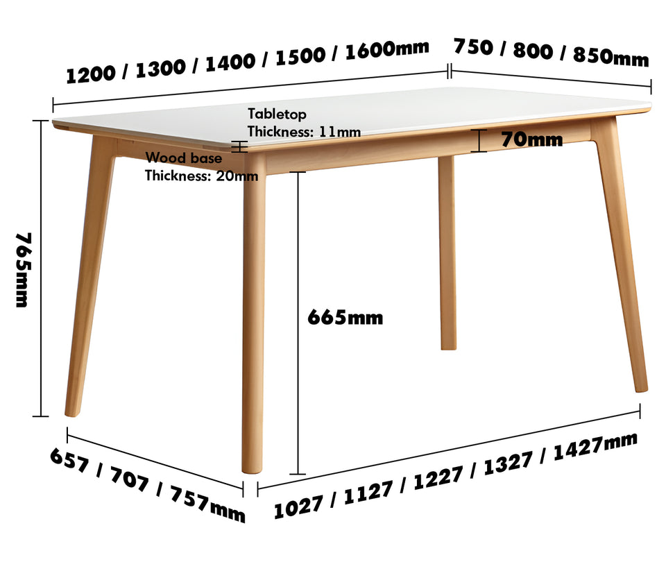 Scandinavian Beech Wood Sintered Stone Dining Table LUNA Size Chart
