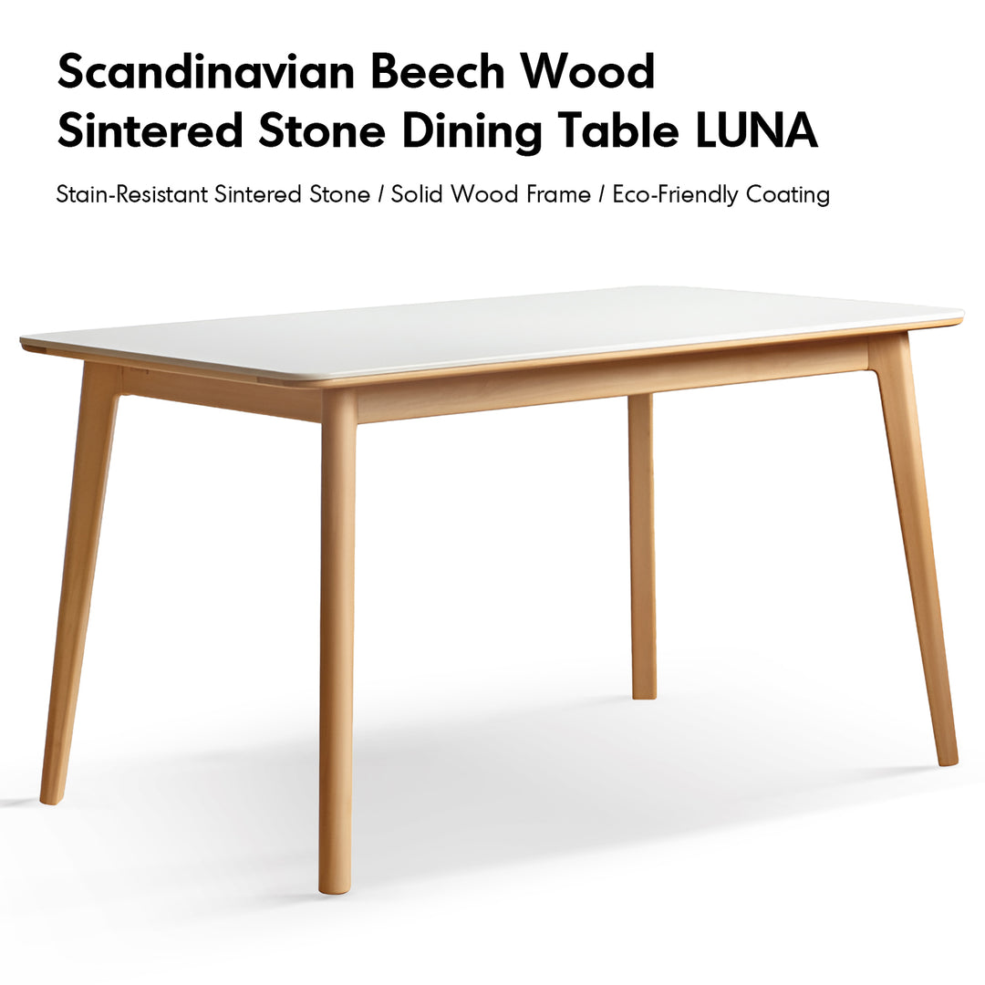 Scandinavian beech wood sintered stone dining table luna material variants.