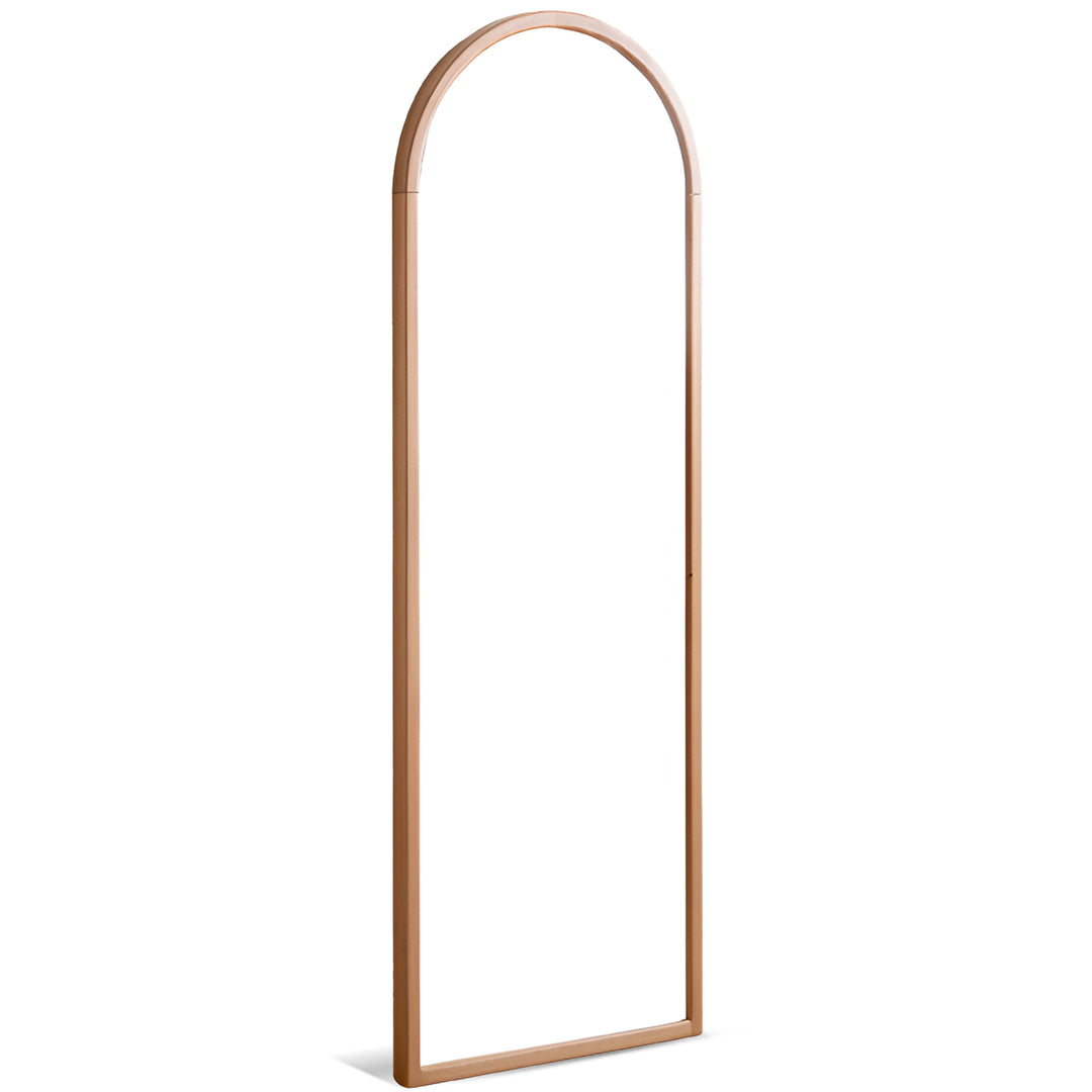 Scandinavian beech wood wall hanging dressing mirror glimmer in white background.