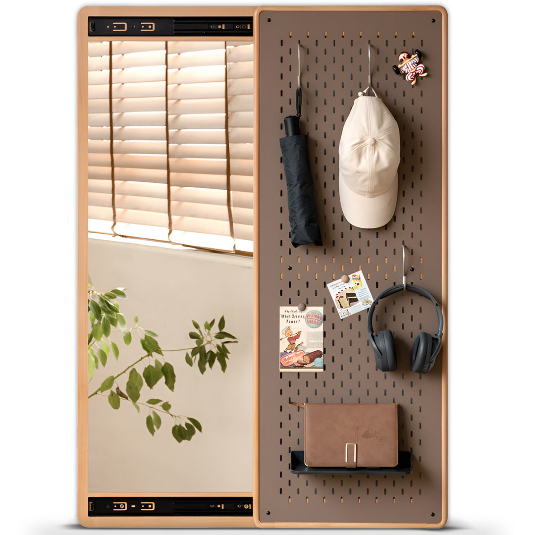 Scandinavian beech wood wall hanging dressing mirror with pegboard sliding door pivolt in white background.