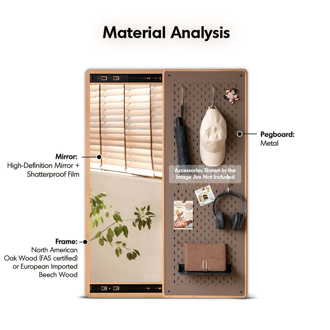 Scandinavian beech wood wall hanging dressing mirror with pegboard sliding door pivolt detail 4.