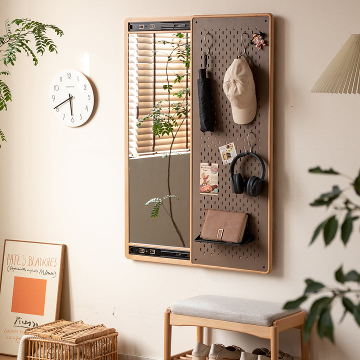 Scandinavian beech wood wall hanging dressing mirror with pegboard sliding door pivolt primary product view.