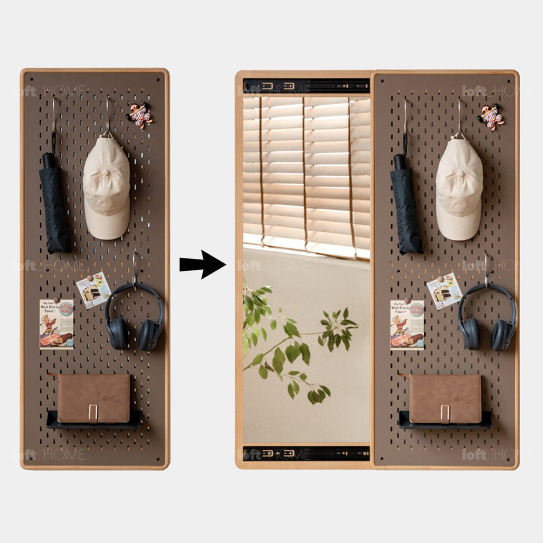 Scandinavian beech wood wall hanging dressing mirror with pegboard sliding door pivolt detail 5.