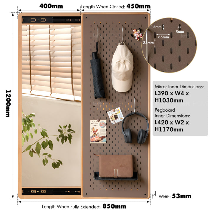 Scandinavian beech wood wall hanging dressing mirror with pegboard sliding door pivolt size charts.