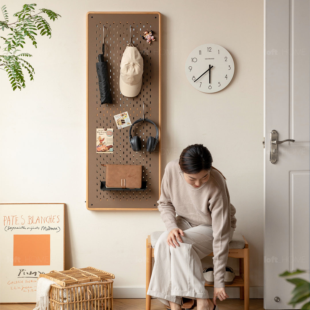 Scandinavian beech wood wall hanging dressing mirror with pegboard sliding door pivolt with context.