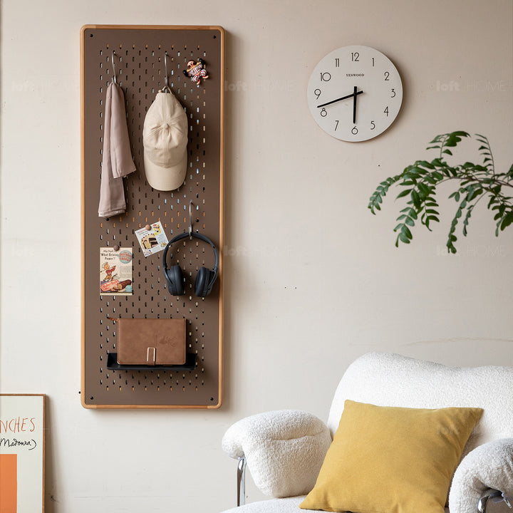 Scandinavian beech wood wall hanging dressing mirror with pegboard sliding door pivolt in details.