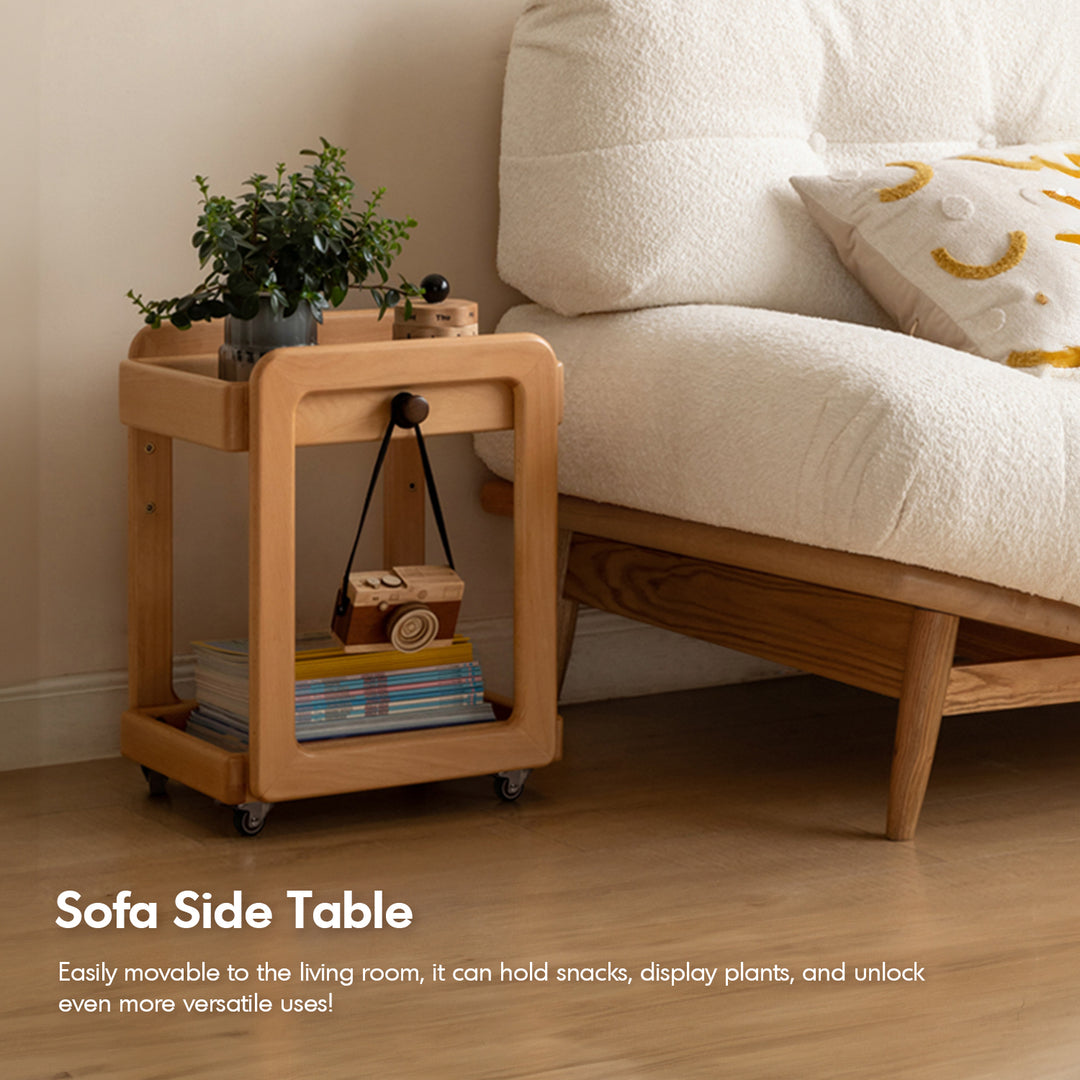 Scandinavian beech wood wheeled trolley side table vera detail 1.