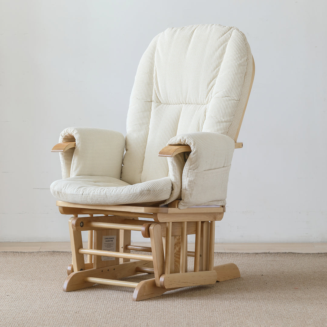 Scandinavian birch wood mixed weave fabric rocking chair with ottoman 2pcs set glide detail 11.