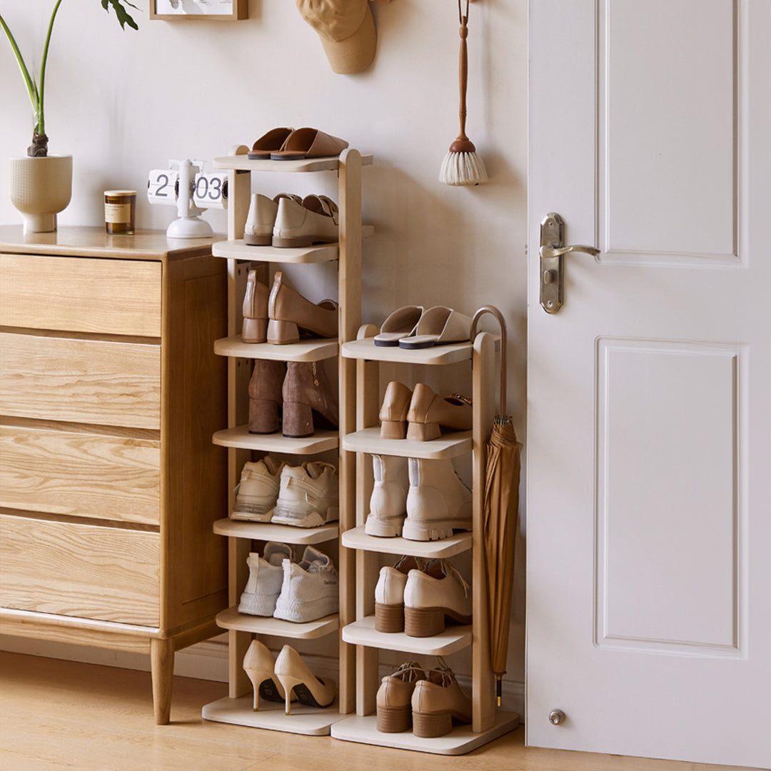 Scandinavian birch wood shoe shelf elka layered structure.