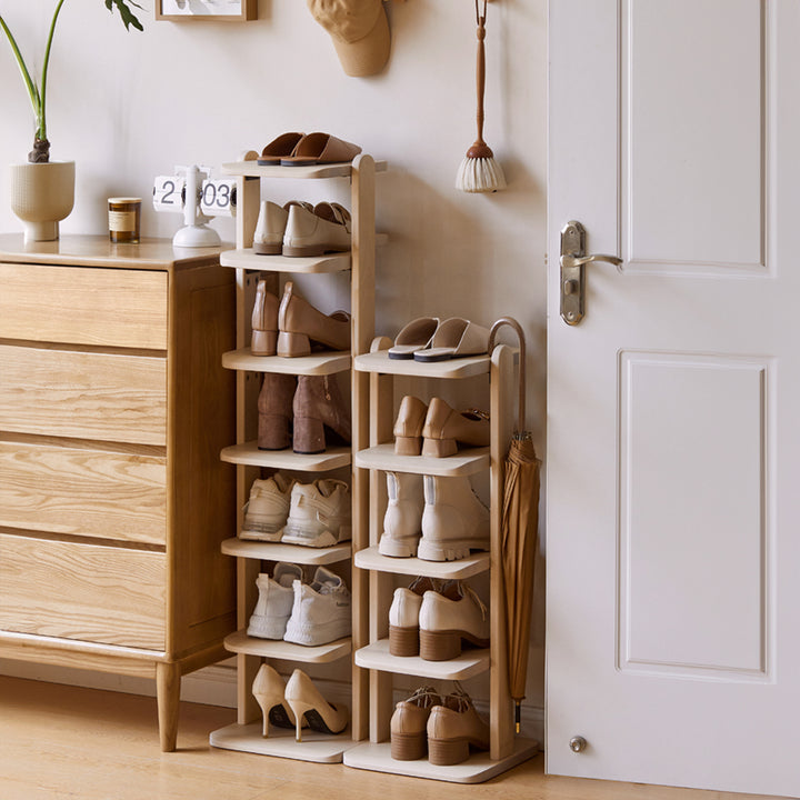 Scandinavian birch wood shoe shelf elka layered structure.