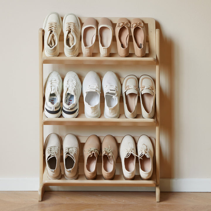 Scandinavian birch wood shoe shelf lina with context.