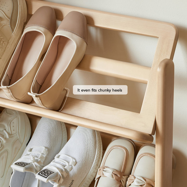 Scandinavian birch wood shoe shelf lina in panoramic view.