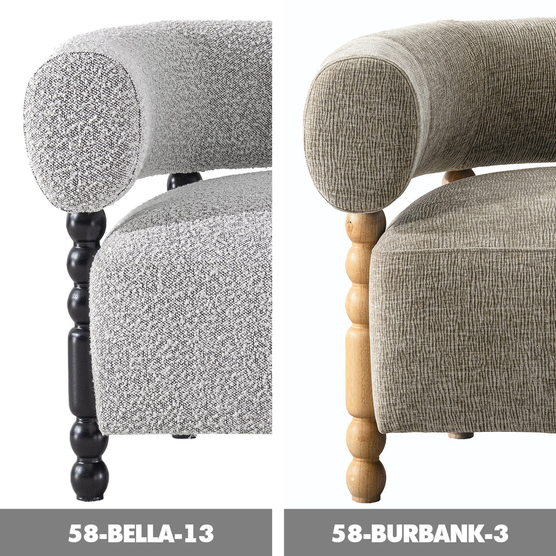 Modern boucle fabric 1 seater sofa amarah color swatches.