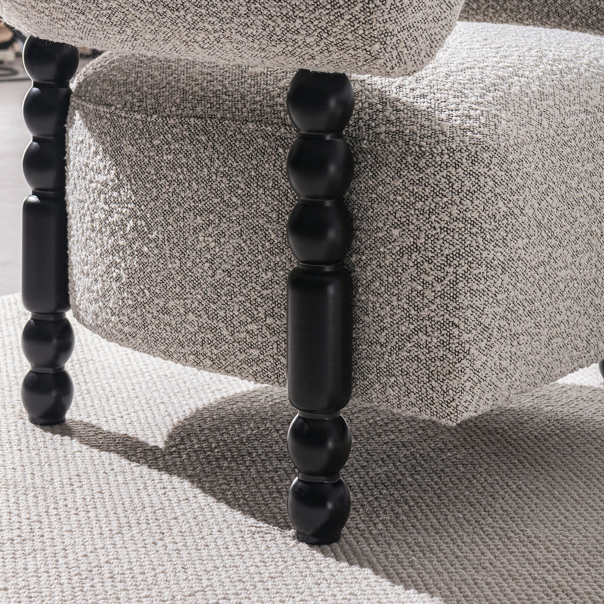 Scandinavian boucle fabric 1 seater sofa amarah in close up details.