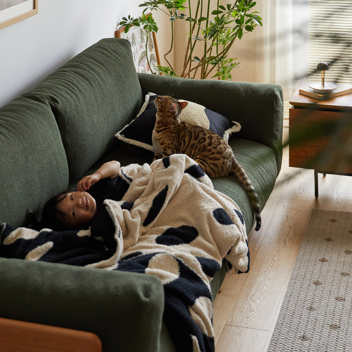Scandinavian boucle fabric 2 seater sofa harvest in details.