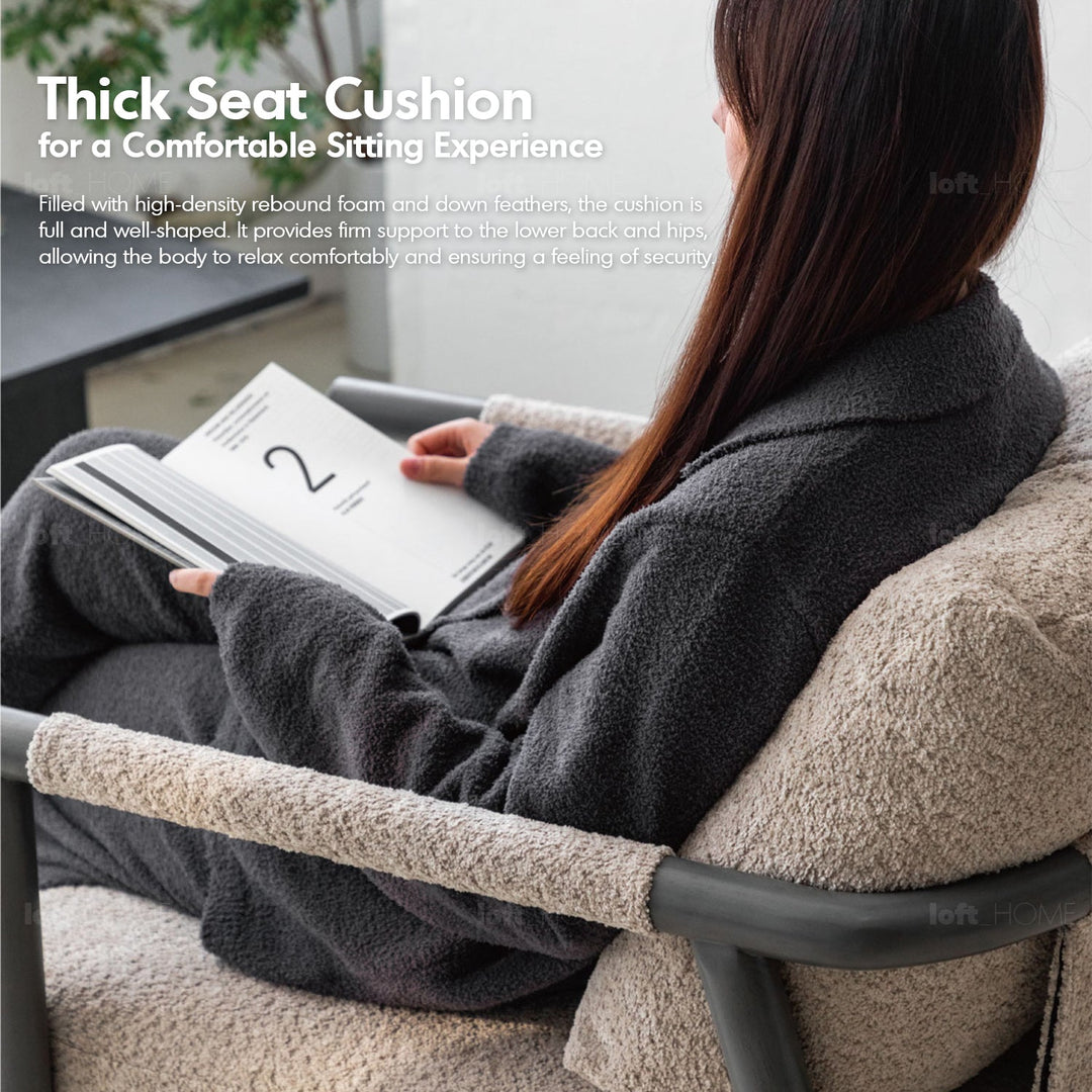 Scandinavian chenille velvet fabric 1 seater sofa sence in panoramic view.
