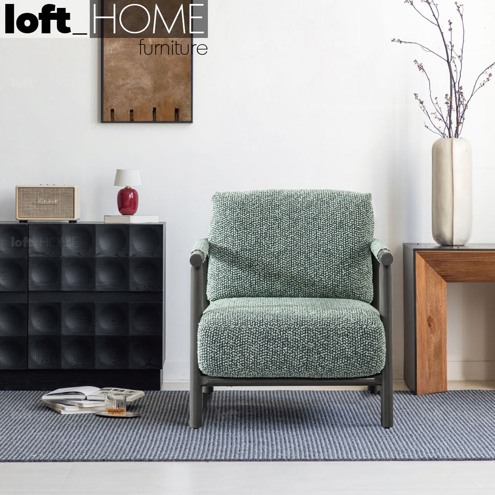 Scandinavian chenille velvet fabric 1 seater sofa sence primary product view.
