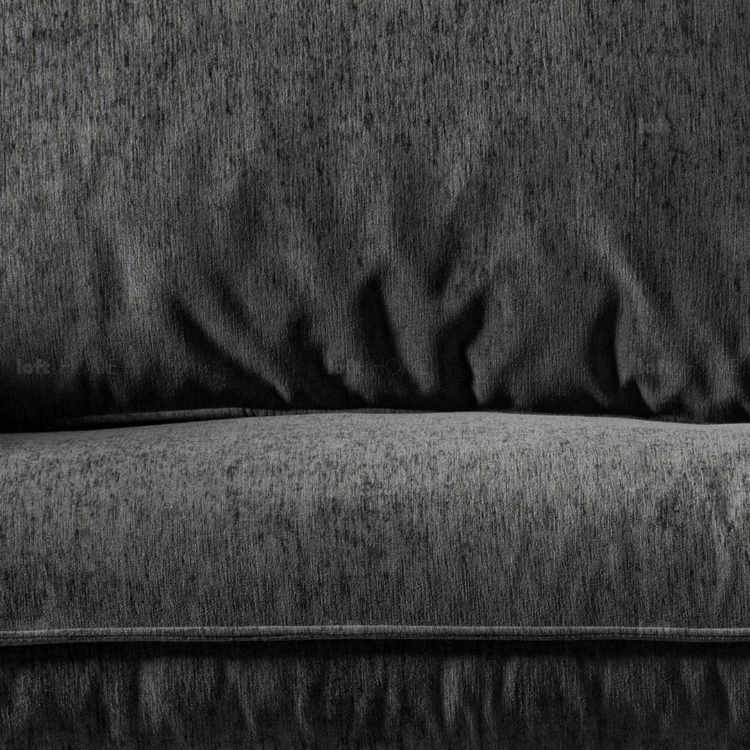 Scandinavian chenille velvet fabric 3.5 seater sofa dushein in panoramic view.