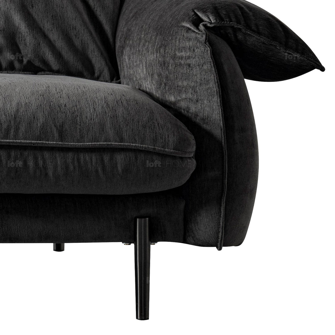 Scandinavian chenille velvet fabric 3.5 seater sofa dushein in close up details.