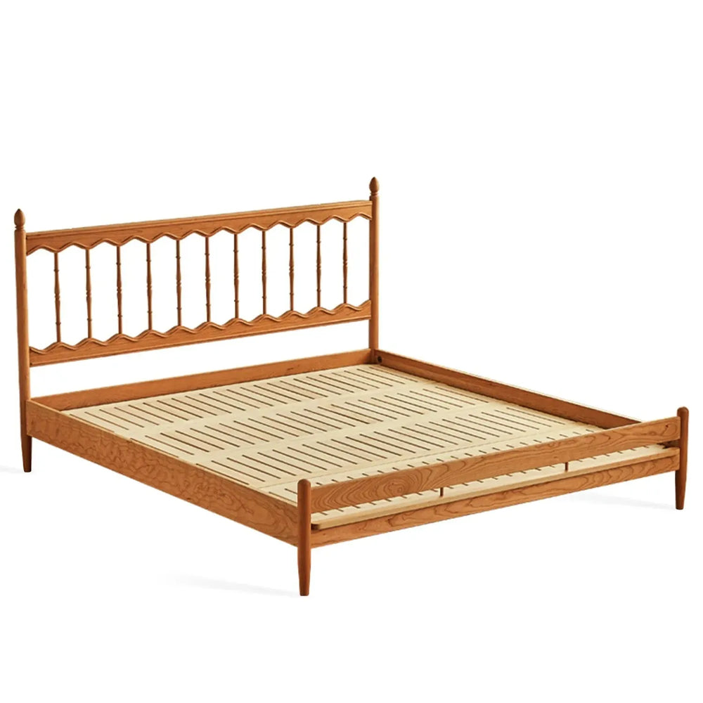 Scandinavian cherry wood bed harp in white background.