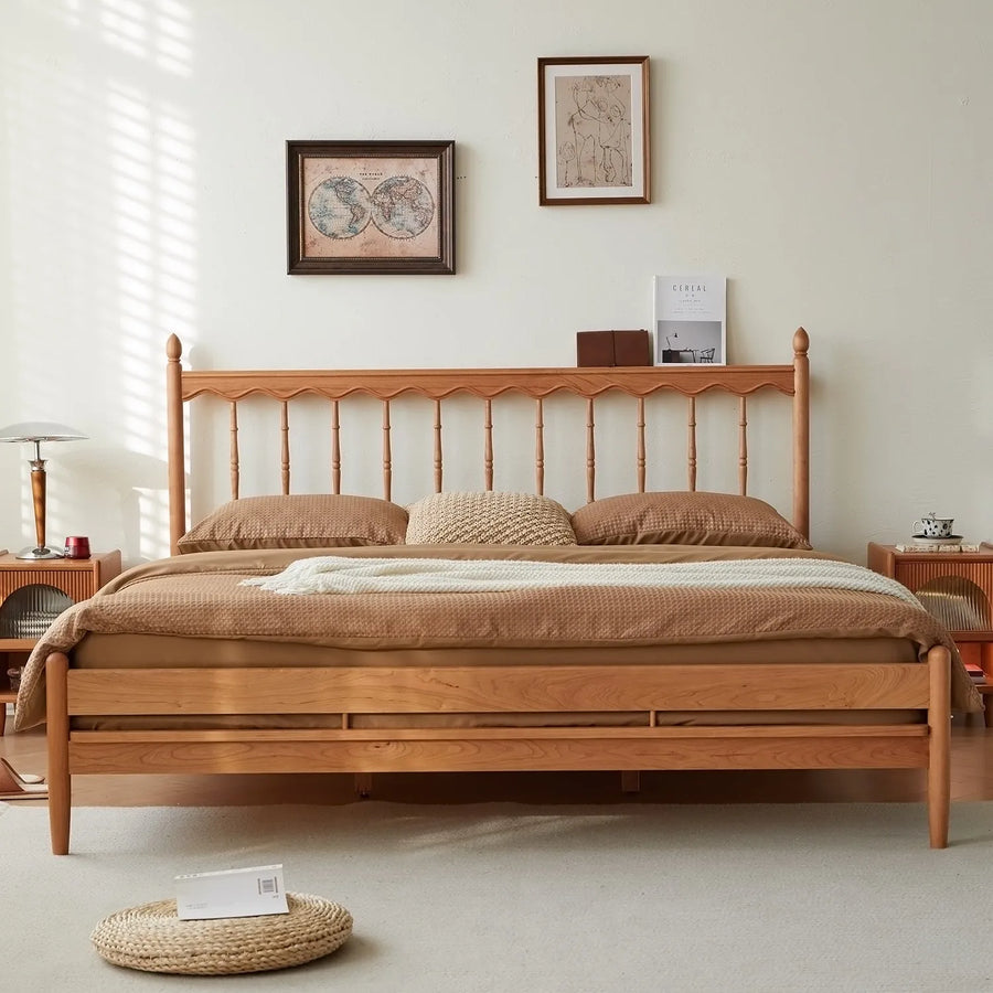 Scandinavian cherry wood bed harp primary product view.