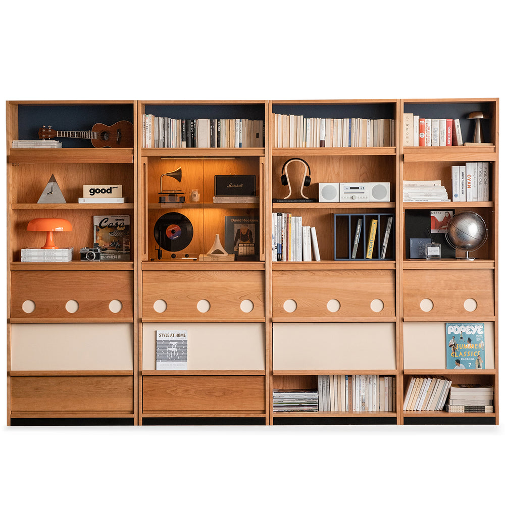 Scandinavian cherry wood bookshelf time in white background.