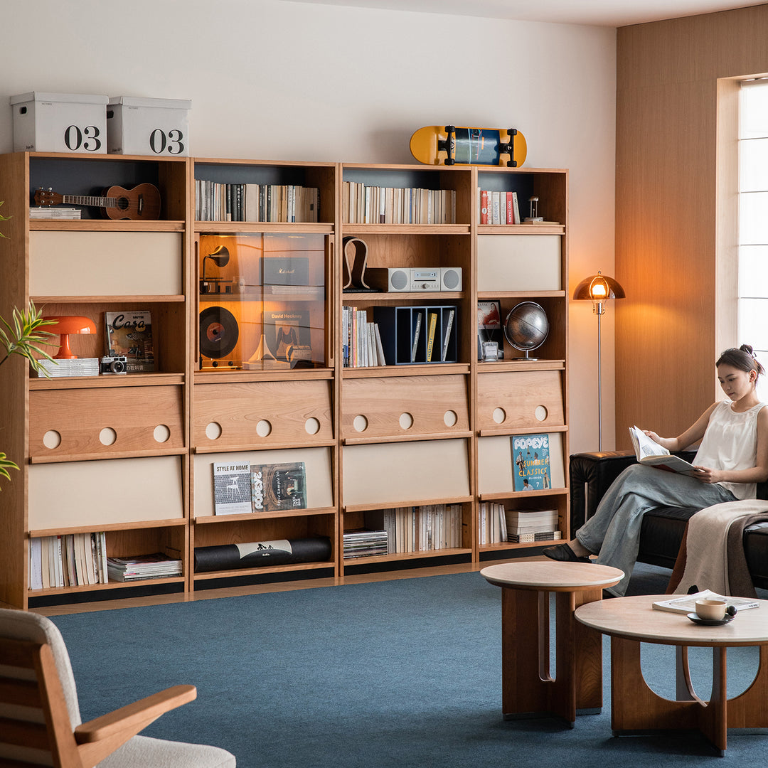 Scandinavian cherry wood bookshelf time size charts.