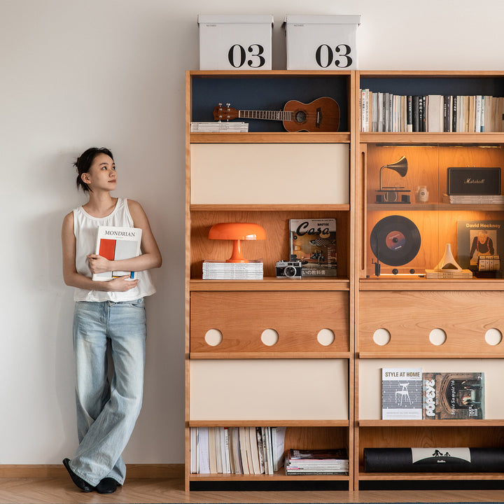 Scandinavian cherry wood bookshelf time color swatches.