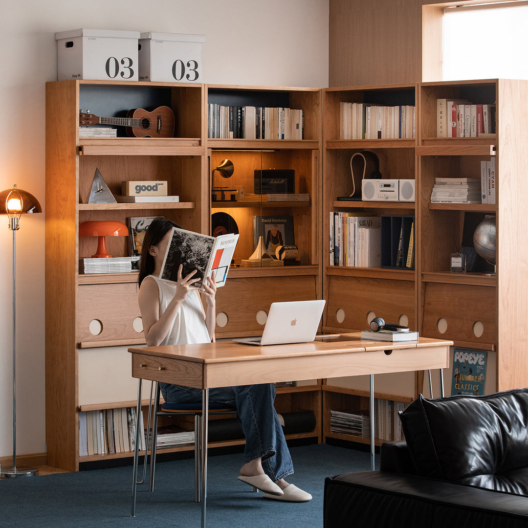 Scandinavian cherry wood bookshelf time material variants.