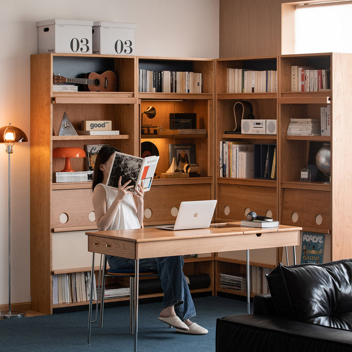 Scandinavian cherry wood bookshelf time material variants.