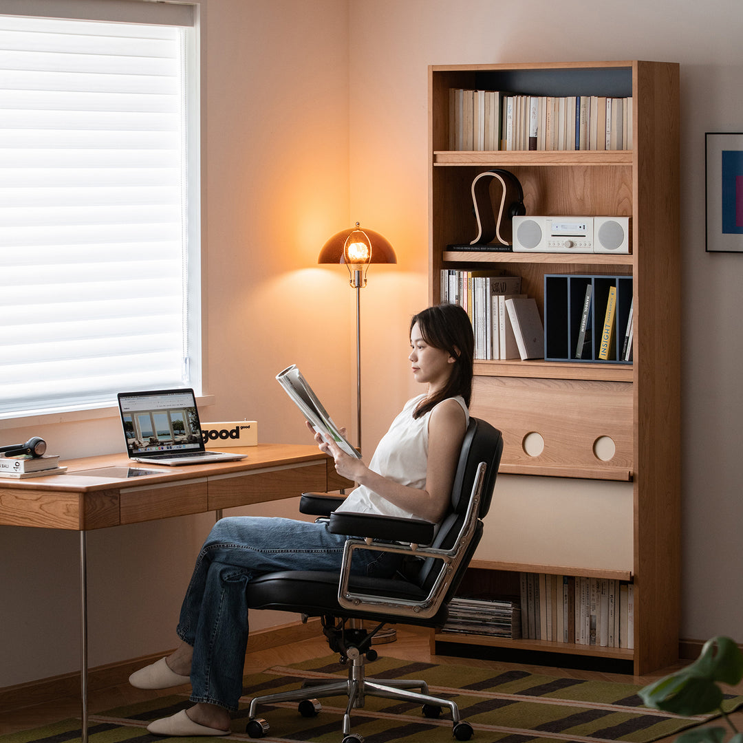 Scandinavian cherry wood bookshelf time in real life style.