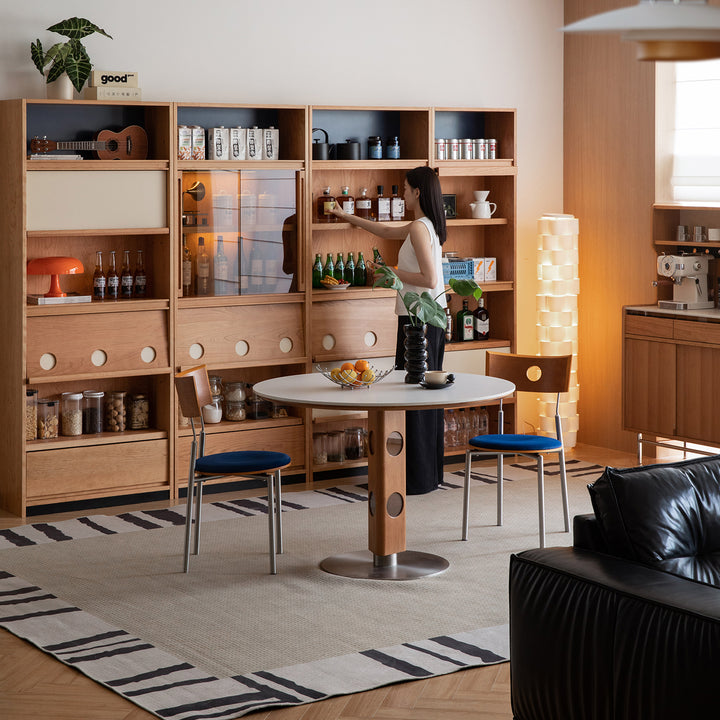 Scandinavian cherry wood bookshelf time with context.