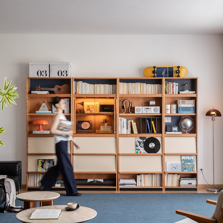 Scandinavian cherry wood bookshelf time in details.
