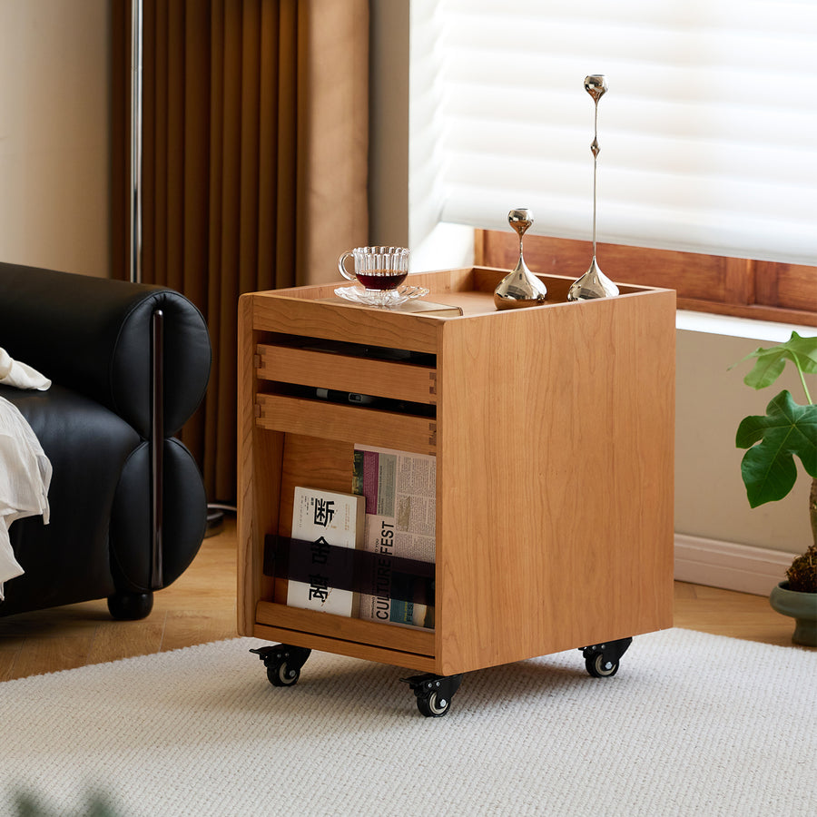 Scandinavian cherry wood sintered stone extendable island dining table with cabinet moonlight primary product view.