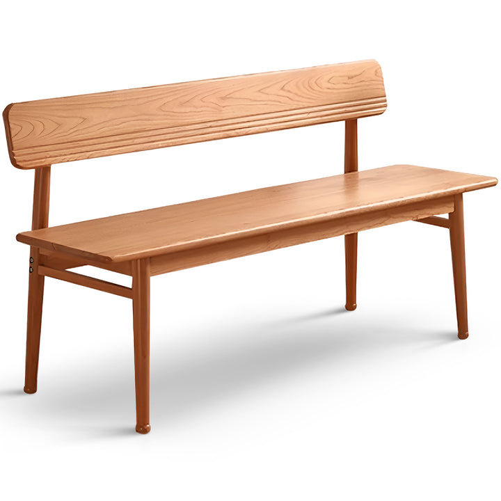 Scandinavian cherry wood cushion bench with backrest serene in white background.