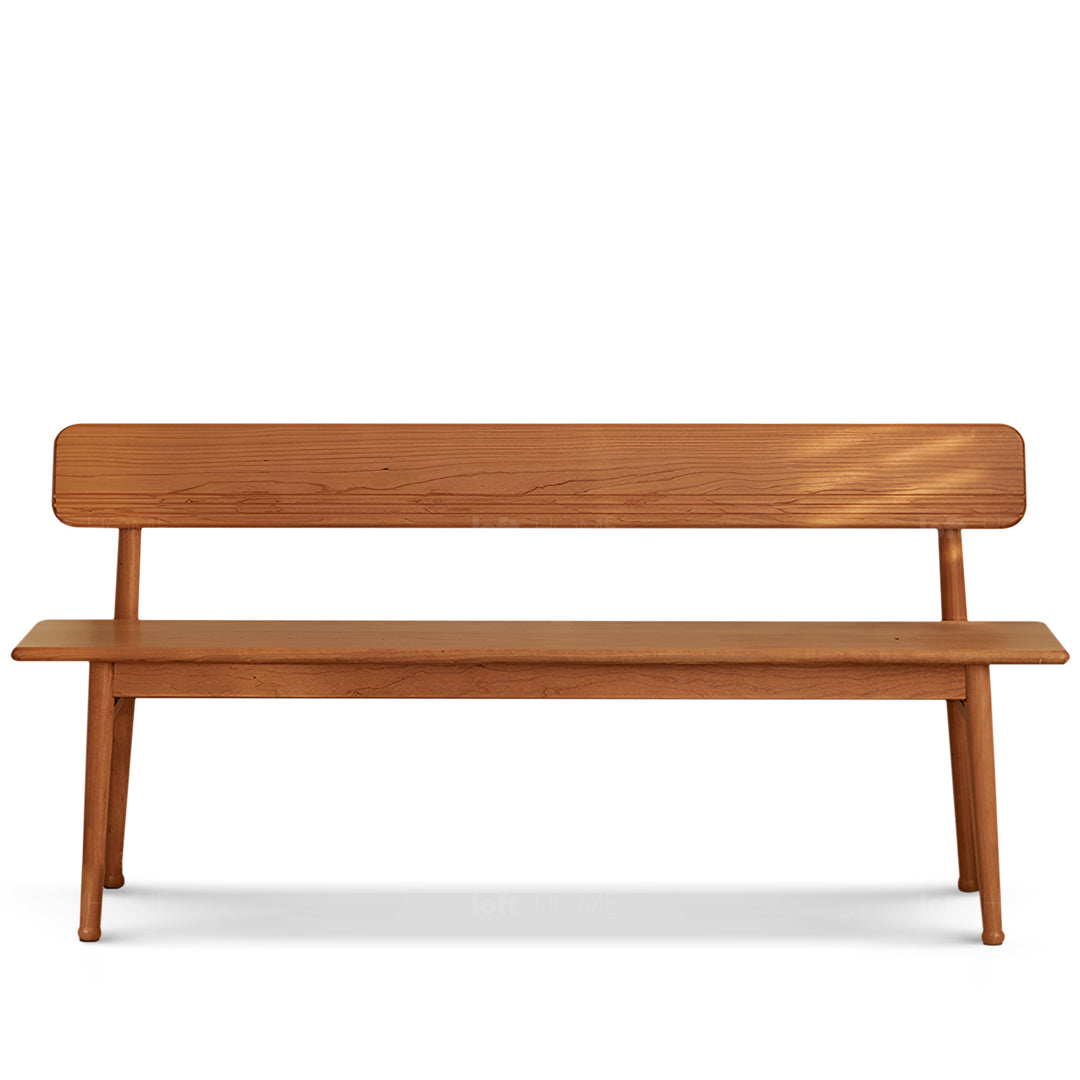 Scandinavian cherry wood cushion bench with backrest serene environmental situation.