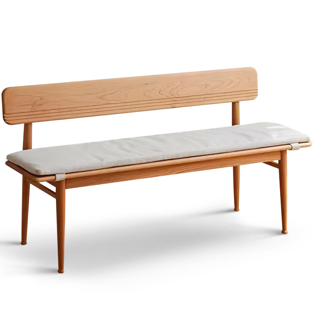 Scandinavian cherry wood cushion bench with backrest serene conceptual design.