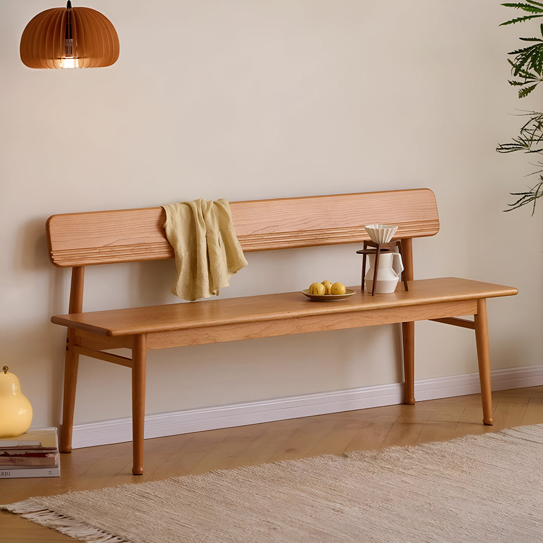 Scandinavian cherry wood cushion bench with backrest serene primary product view.