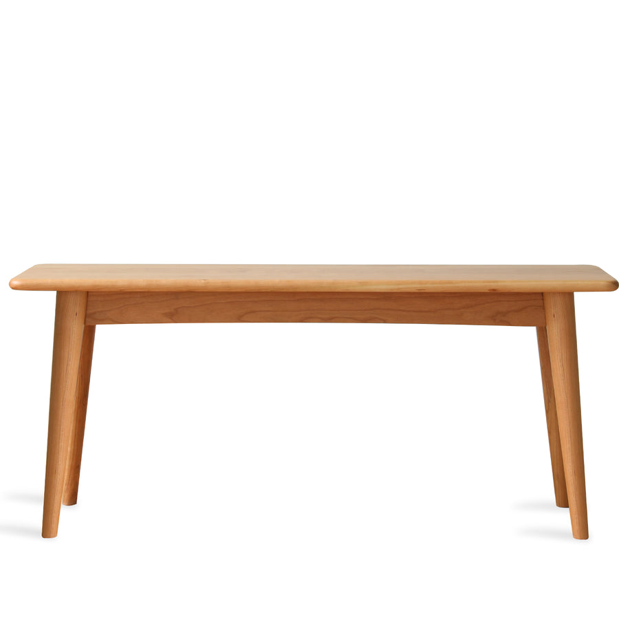 Scandinavian cherry wood dining bench green in white background.