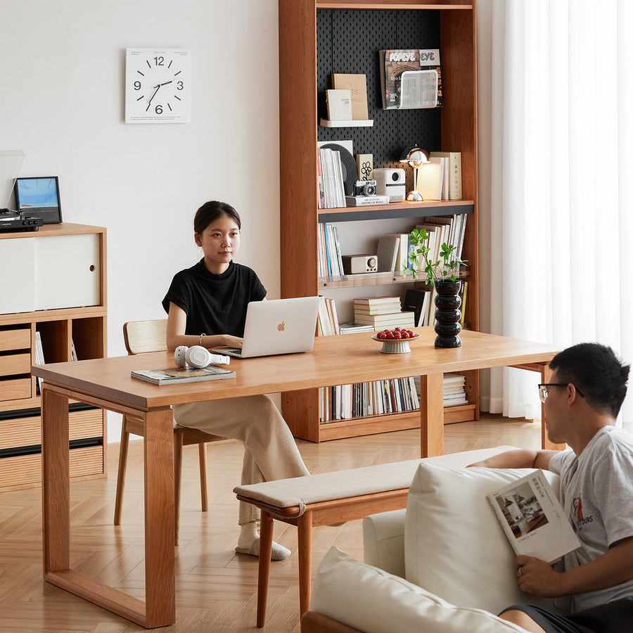 Scandinavian cherry wood dining table blue whale material variants.