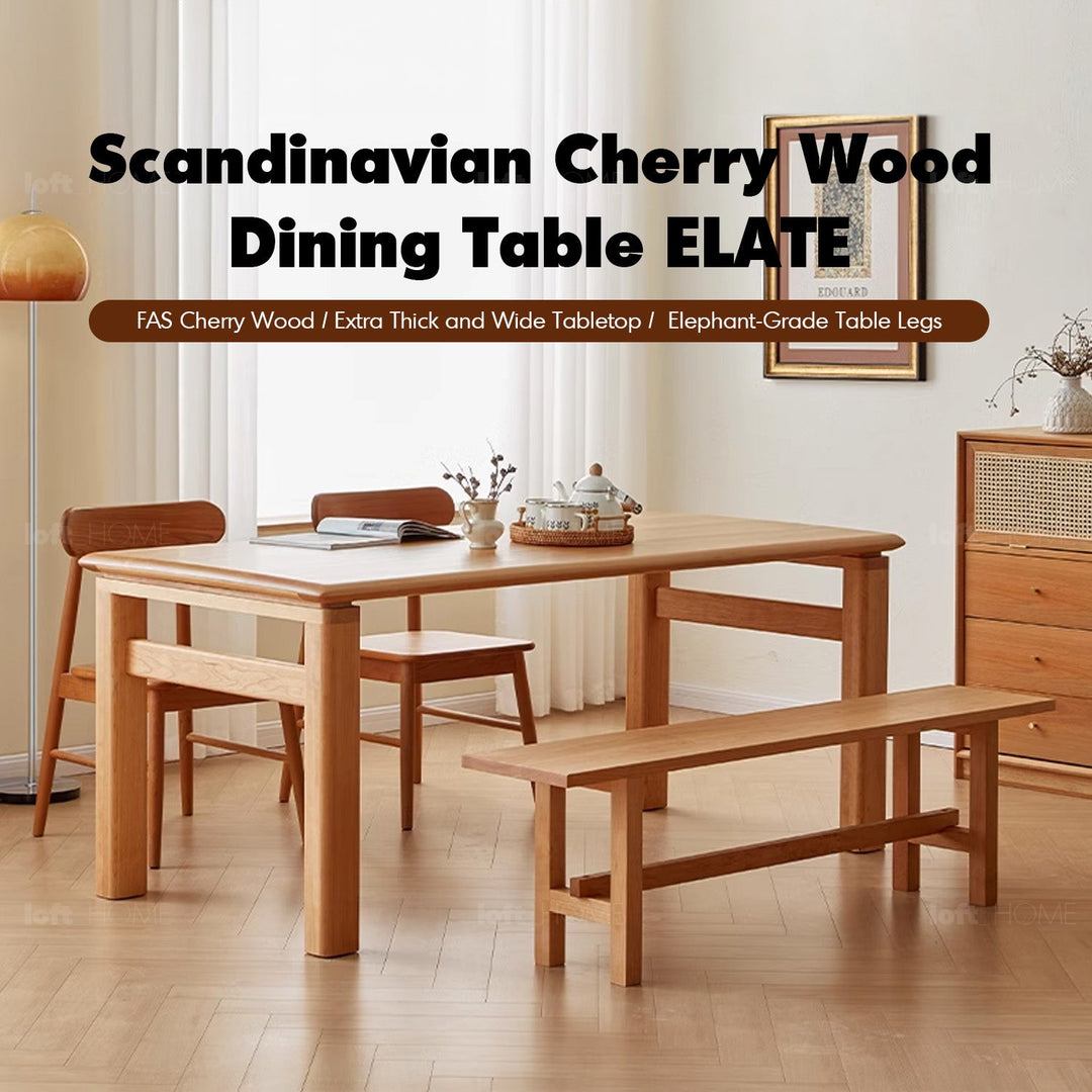 Scandinavian cherry wood dining table elate material variants.
