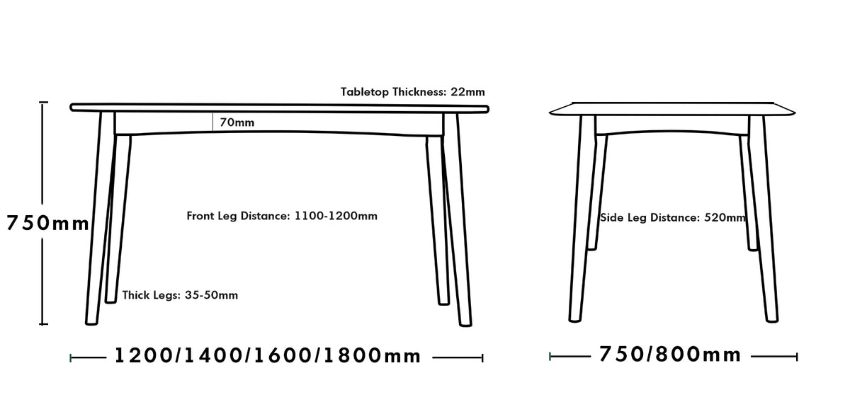 Scandinavian Cherry Wood Dining Table GREEN Size Chart
