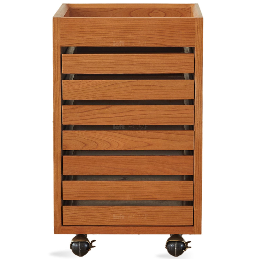 Scandinavian cherry wood drawer cabinet soul in white background.